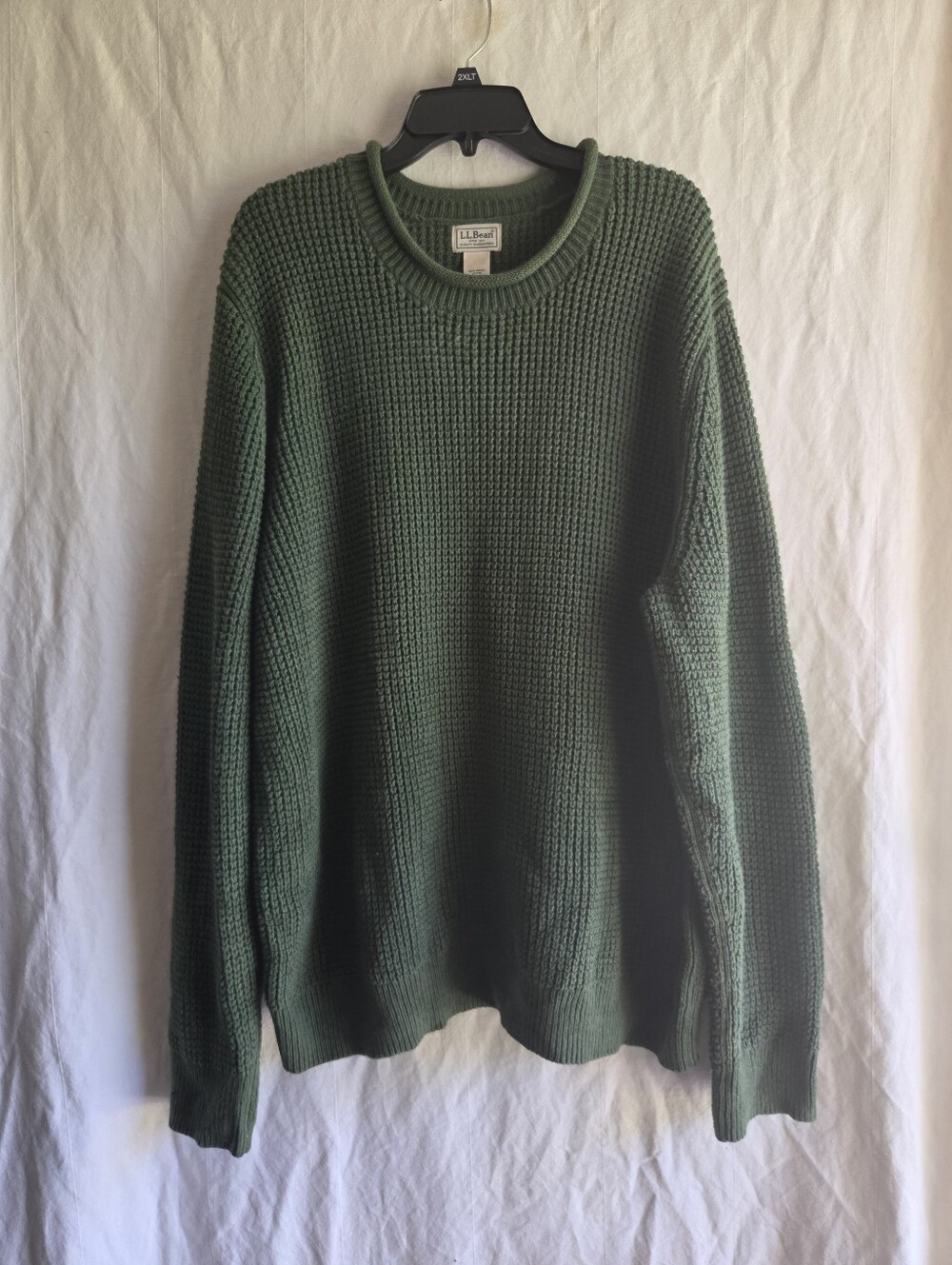 LL Bean Cable Knit Sweater Mens XXXL Green Roll Neck 100% Cotton Granola Outdoor
